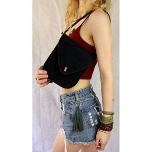 VINTAGE Rosenfeld Black Suede Gold Bar Flap Purse